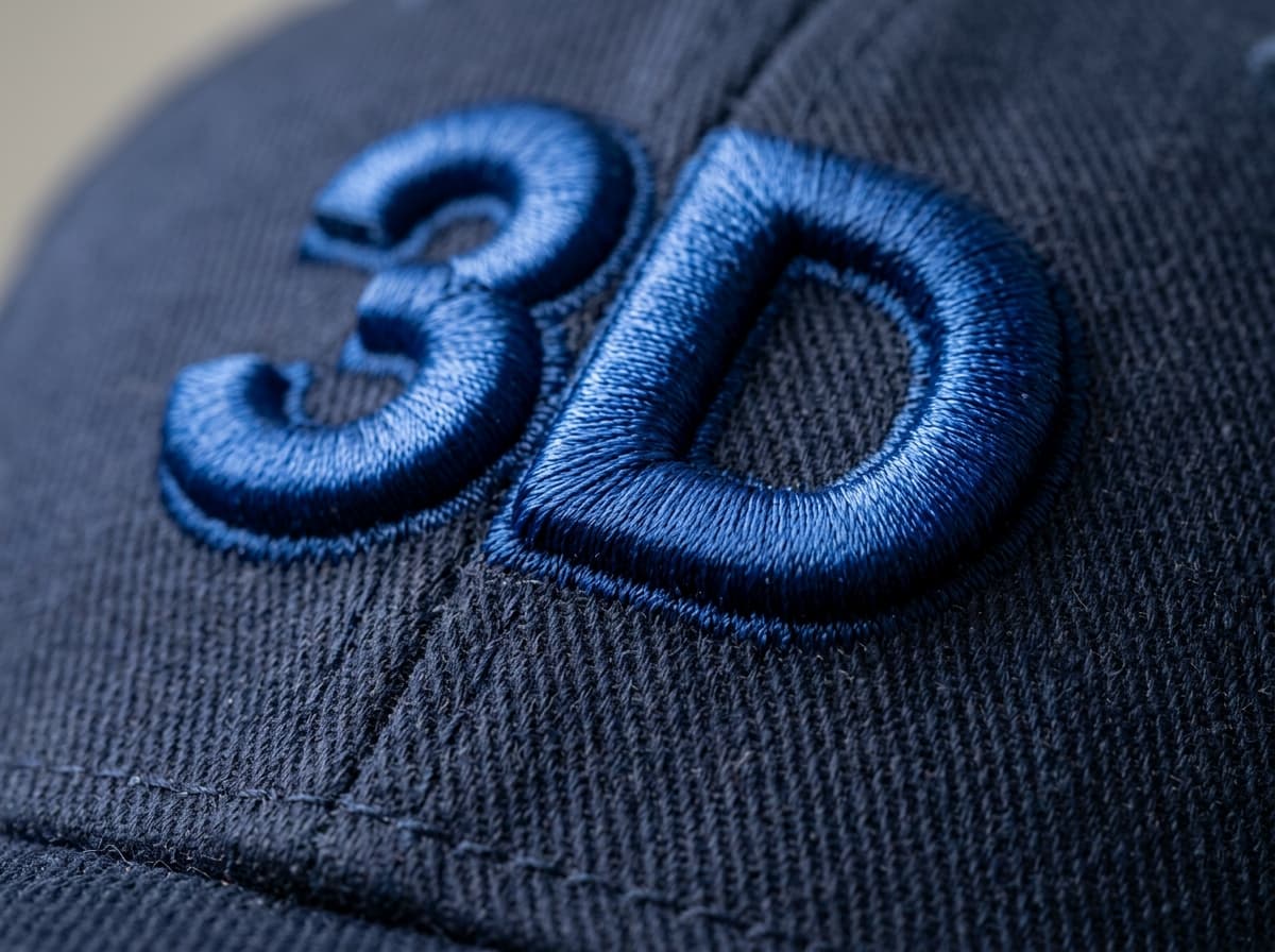 Extreme macro close-up of 3D puff embroidery on structured cap