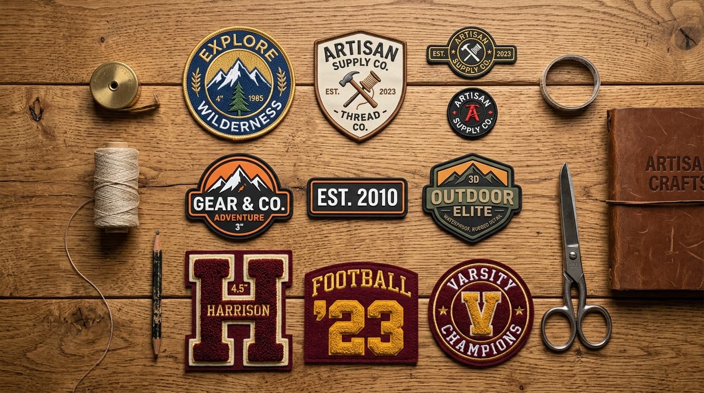 Curated flatlay of embroidered, PVC, and chenille patches on workshop table