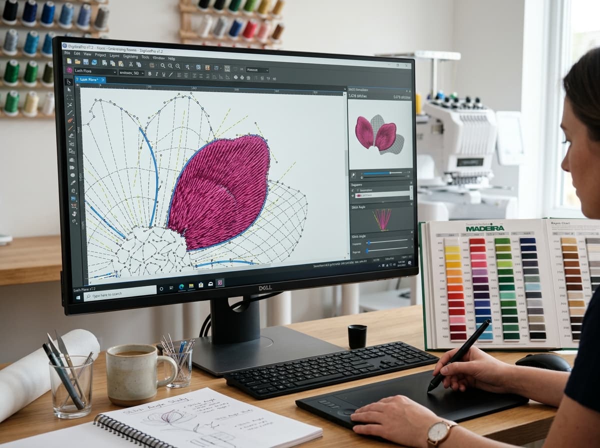 Digitizer workspace with vector nodes, stitch angles, and thread color books