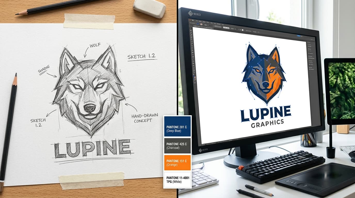 Side by side pencil sketch converting into crisp vector graphic with bezier nodes and Pantone swatches