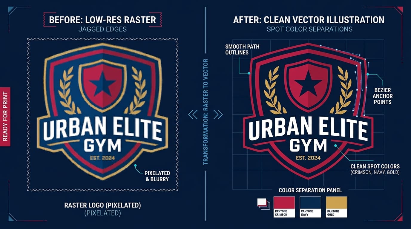 Vector transformation comparison: blurry raster badge transformed into razor sharp vector with bezier nodes and spot color separations